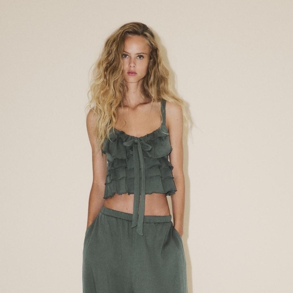 NWT Zara Ruffled & Bow Tie-front Cropped Tank Top In Green - L - Picture 3 of 11